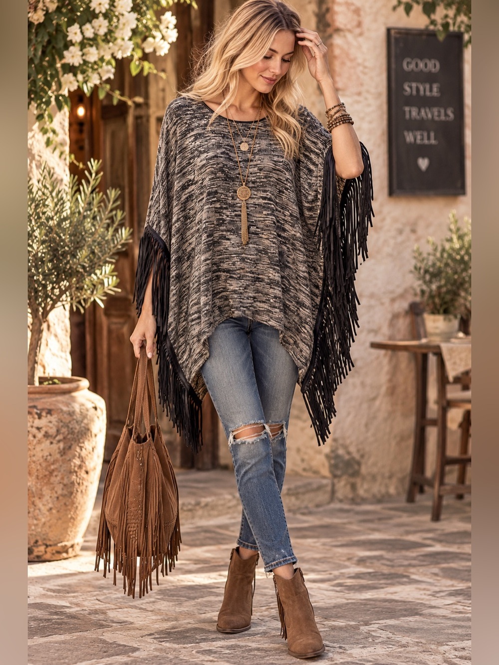 Fringed Knit Poncho Sweater - Grey with Black Fringes